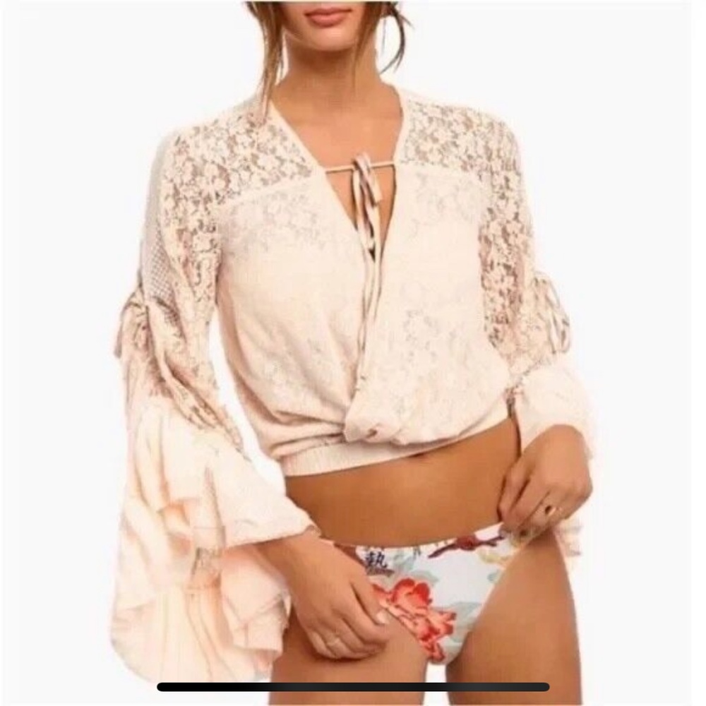 Lace-Trim Tie-Front Blouse in Blush